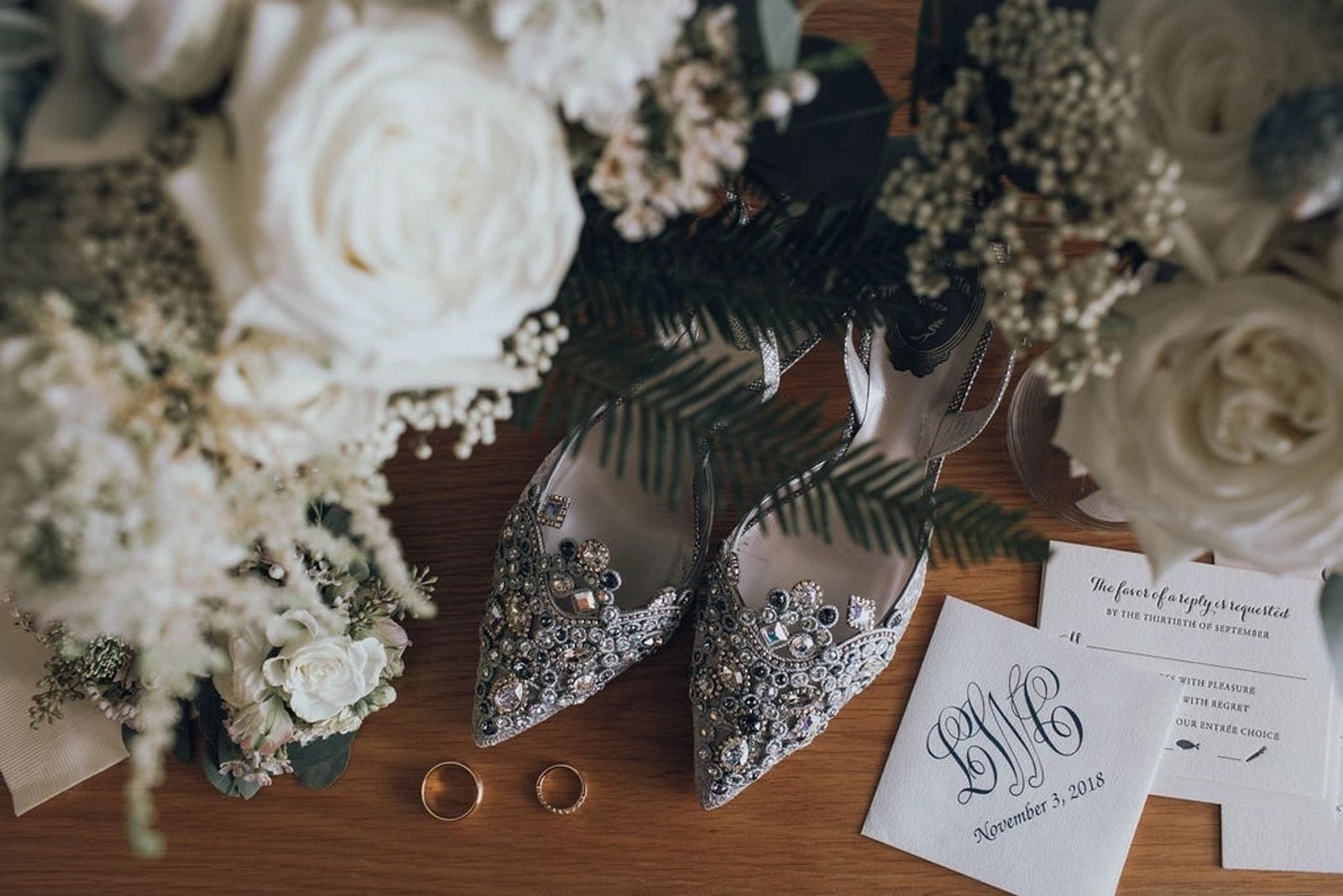 A close detail of ivory and blush garden roses